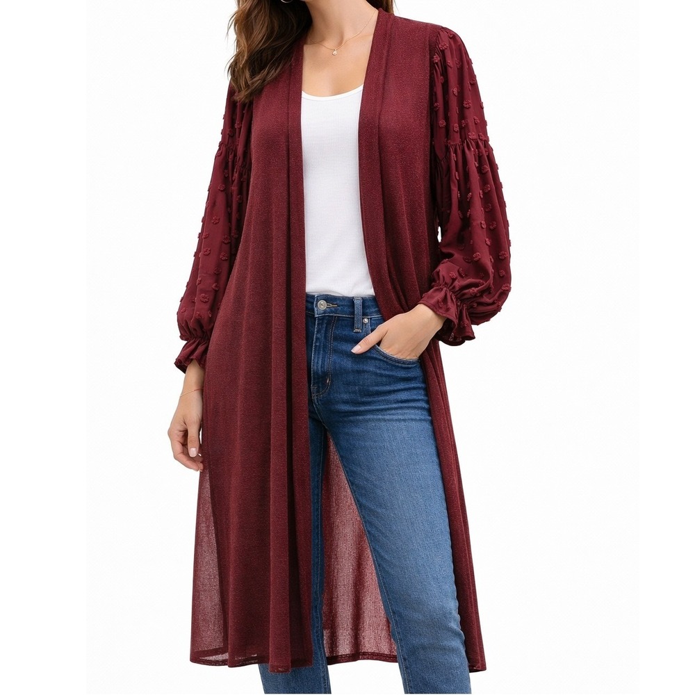 Ember Kimono‎ Womens Small Burgundy Sheer Clip Dot Balloon Sleeve Mesh Kimono